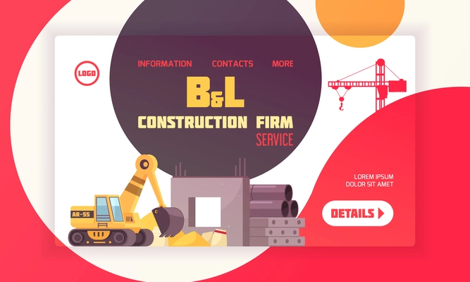 Construction landing page layout with contact information about firm and place for logo flat vector illustration