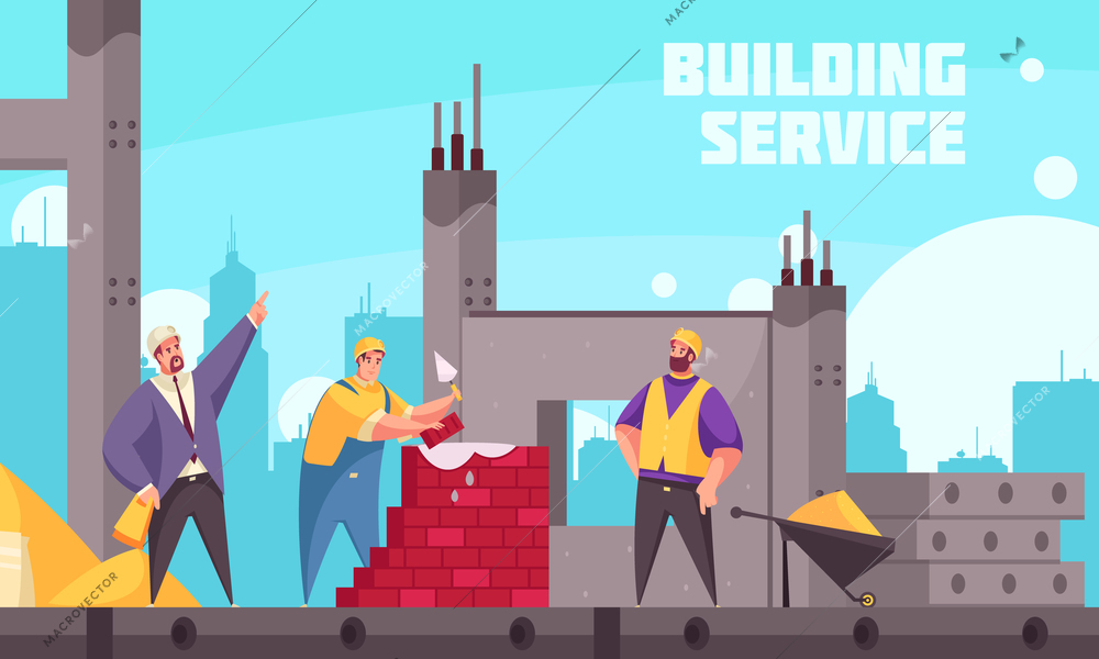 Building service flat poster with industrial technician instructing team of builders making brickwork vector illustration