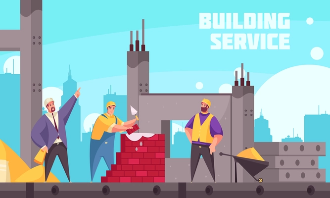 Building service flat poster with industrial technician instructing team of builders making brickwork vector illustration