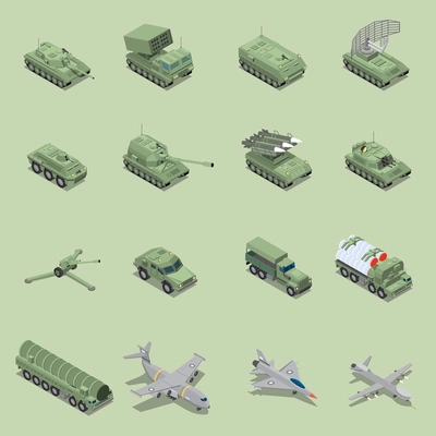 Military vehicles isometric set with tank cannon, rocket launcher jet fighter self propelled howitzer isolated icons vector illustration