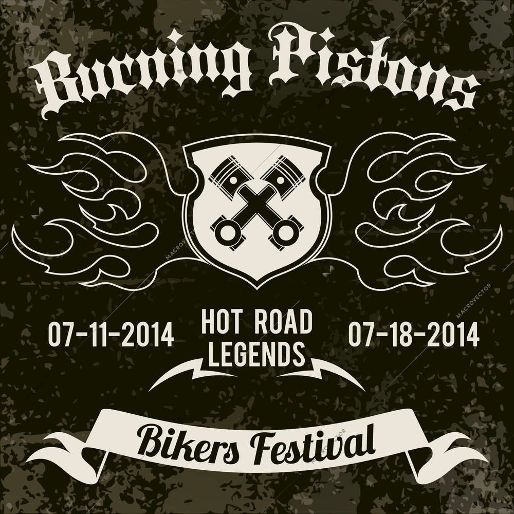 Motorcycle grunge burning pistons biker festival design poster vector illustration