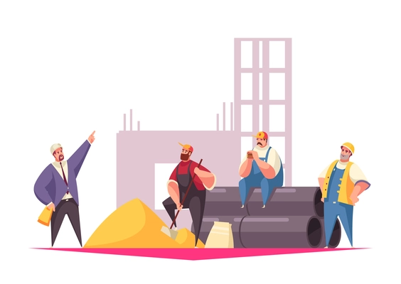 Construction vector illustration with foreman giving instructions team of builders dressed in uniform and helmets