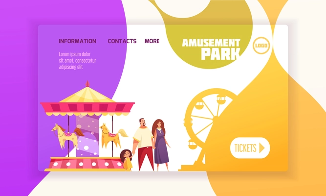 Amusement park landing page with family near carousel and ferris wheel cartoon vector illustration