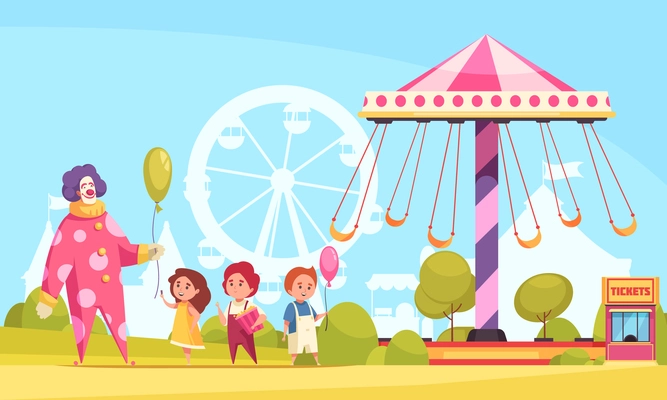 Amusement park cartoon background with clown handing out air balloons to children near carousel vector illustration