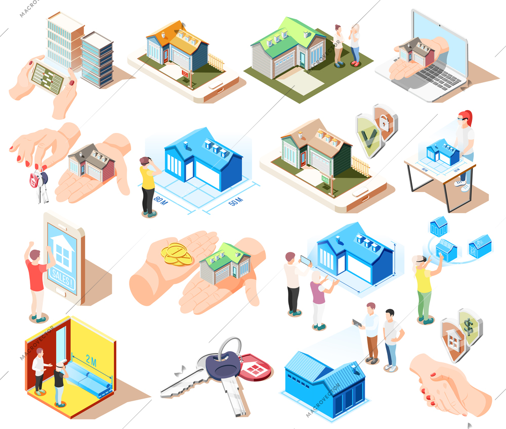 Real estate augmented reality isometric icon set with different elements and attributes of buildings vector illustration