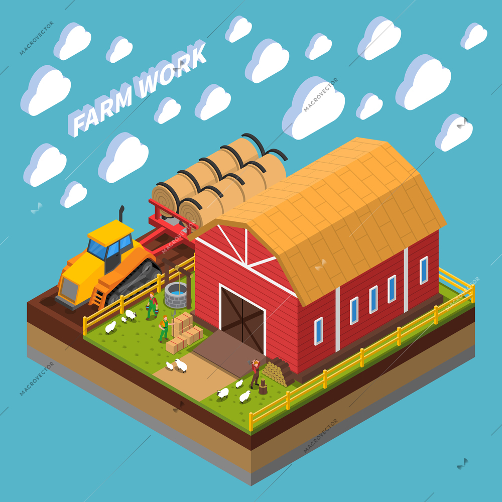 Farm work isometric composition with farmers nursing pets near shed on backyard vector illustration
