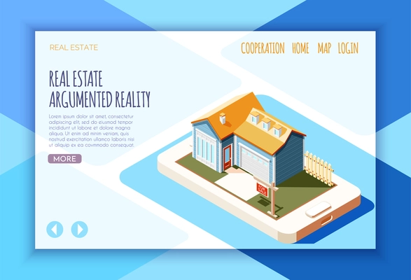 Real estate augmented reality isometric landing page with links and button more vector illustration