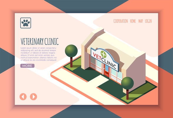 Ordinary life of man and his dog isometric landing page with veterinary clinic headline and links vector illustration