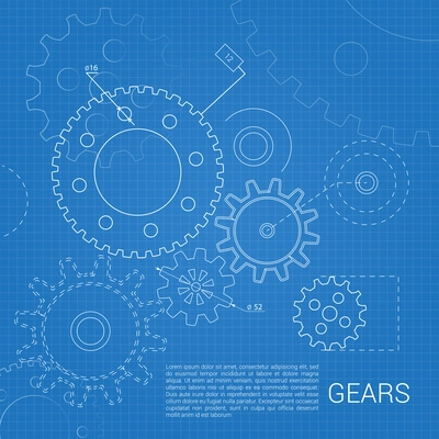 Drawn cogwheel gears mechanisms on squared background poster vector illustration