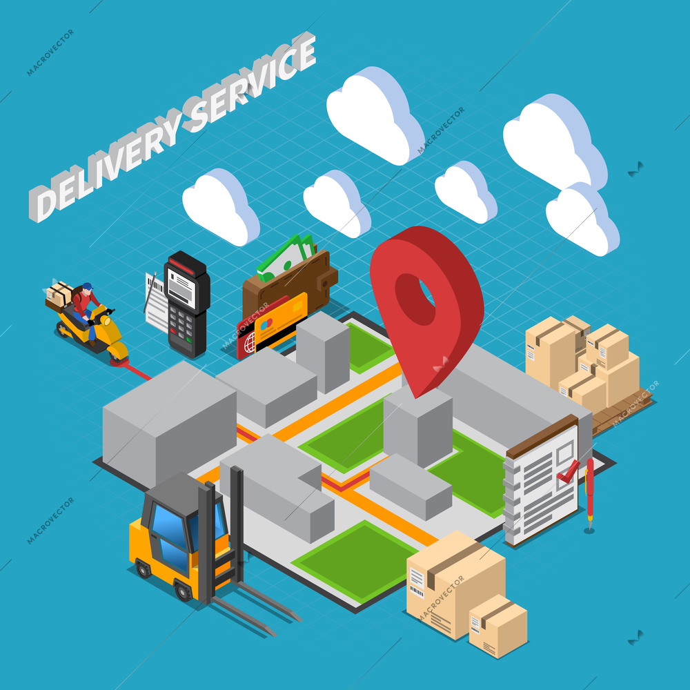 Delivery service isometric composition with elements of warehouse interior and logistic  icons vector illustration