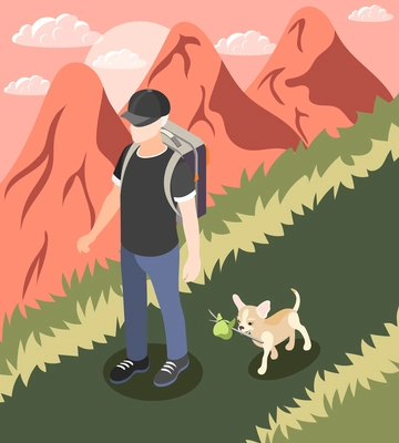 Ordinary life of man and his dog isometric background man walk with little cute dog vector illustration