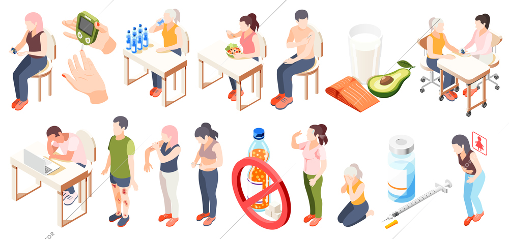 Diabetes isometric icon set with symptoms diet testing blood glucose and restrictions descriptions vector illustration