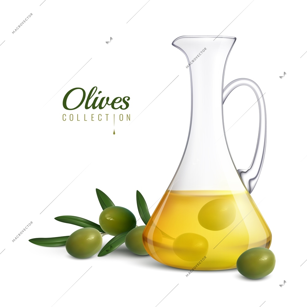 Olives collection realistic composition with glass jug of olive oil and tree sprig with green fresh olives vector illustration