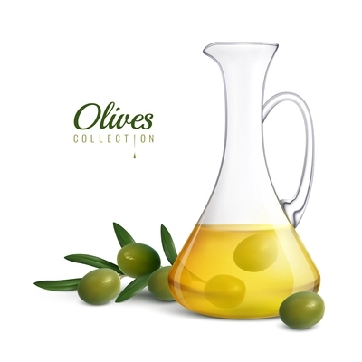 Olives collection realistic composition with glass jug of olive oil and tree sprig with green fresh olives vector illustration