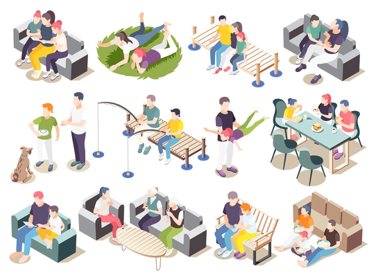 Time together isometric icon set spend time situations with friends family parents and lovers vector illustration