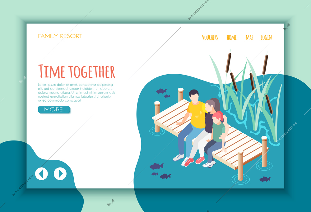 Time together isometric colored landing page with links and blue more button vector illustration