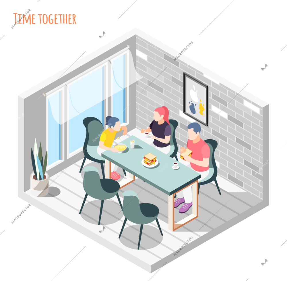 Time together isometric composition with family sitting and having dinner together in kitchen vector illustration