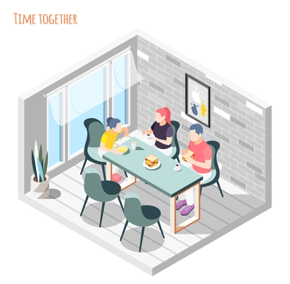 Time together isometric composition with family sitting and having dinner together in kitchen vector illustration