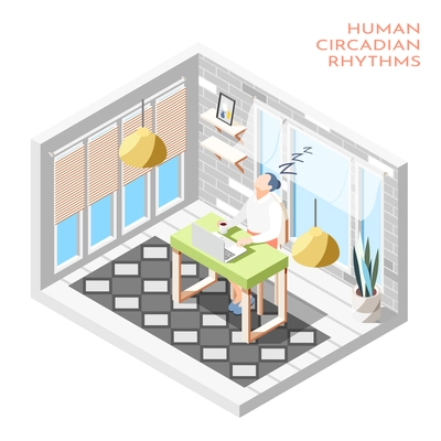 Human circadian rhythms isometric composition with isolated room and woman sleeping at the desk vector illustration