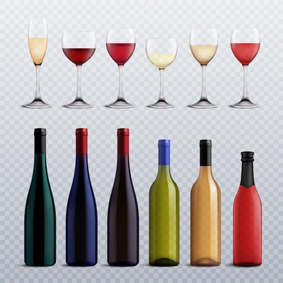 Wine bottles and glasses filled with different varieties of wine on transparent background realistic set vector illustration