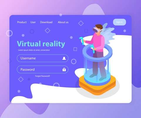 Isometric landing page with login form and man wearing virtual reality glasses 3d vector illustration