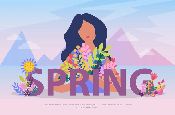 Flat spring composition with girl holding bunch of flowers on background with mountains vector illustration