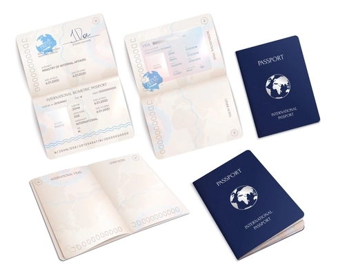 biometric international passport mockups in open and close forms realistic set isolated vector illustration