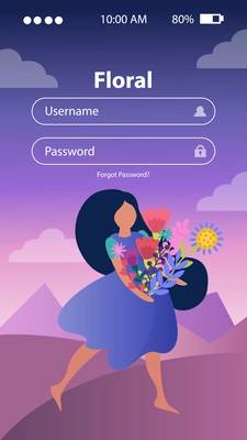 Flat login form on background with girl carrying bunch of beautiful spring flowers vector illustration