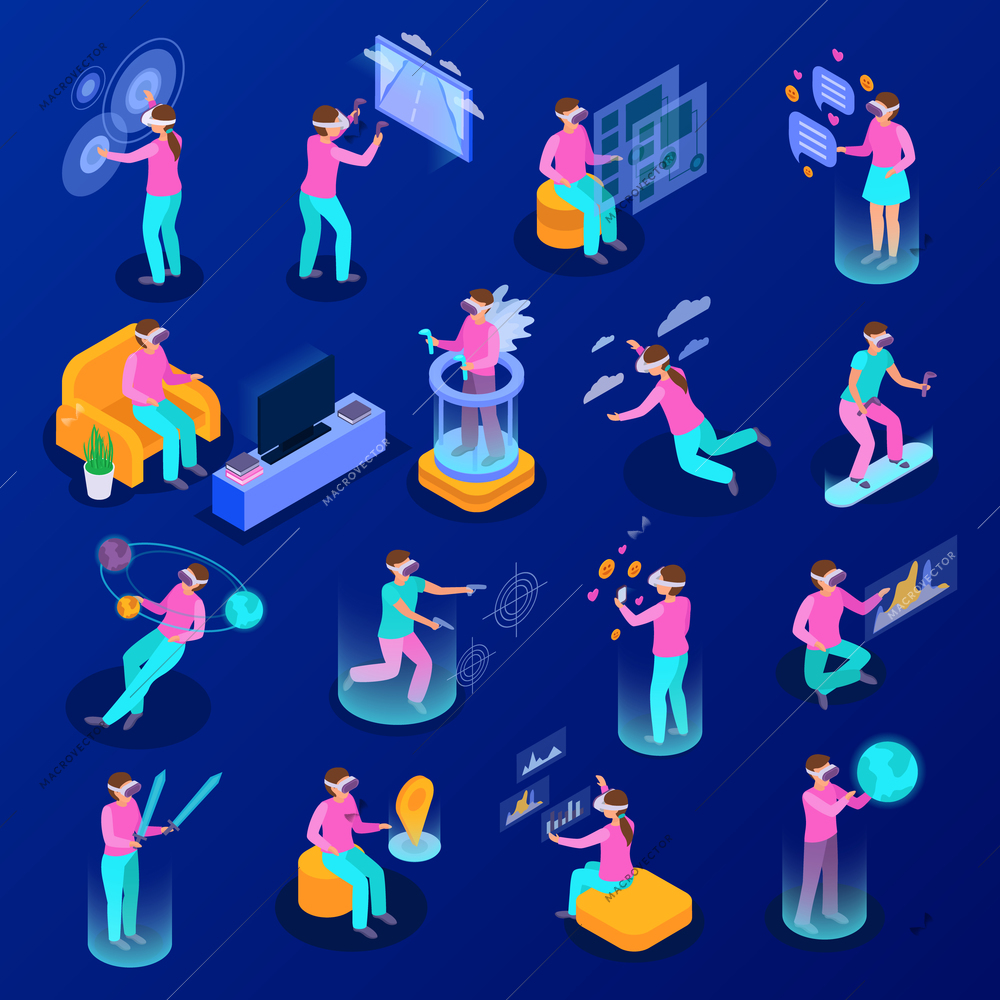 Big set of isometric icons with people using various augmented reality devices isolated on blue background 3d vector illustration