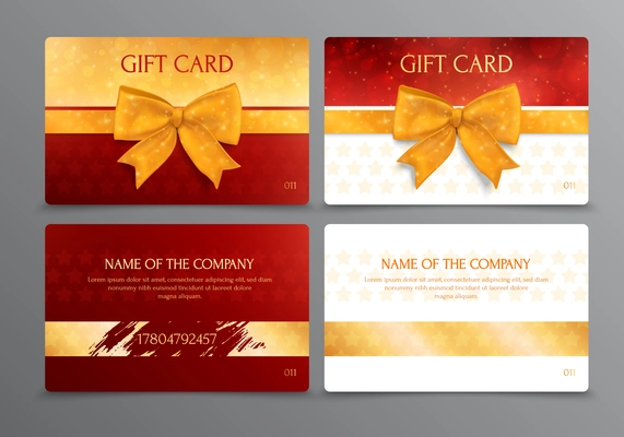 Two way design of discount scratch gift card with place for company name in gold and red colors isolated vector illustration