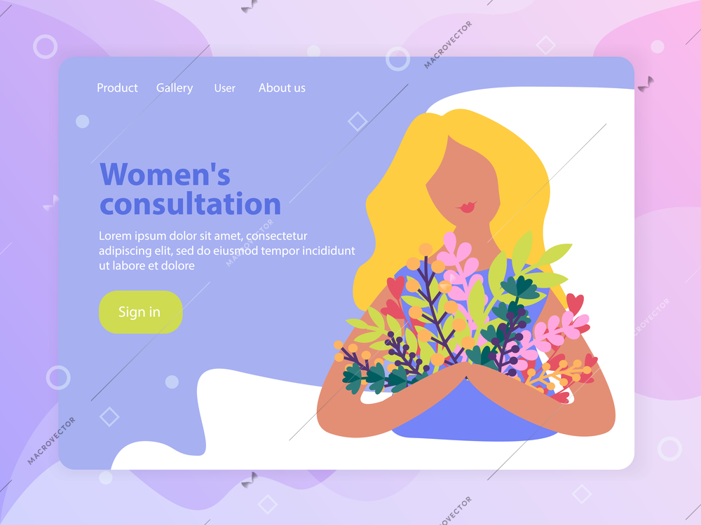 Flat design landing page with girl holding spring flowers bouquet vector illustration