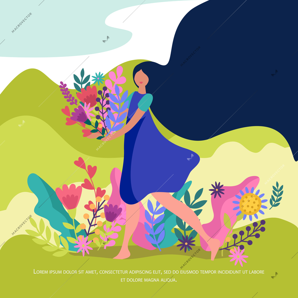 Spring flat design composition with barefooted girl with long black hair carrying flowers bouquet vector illustration