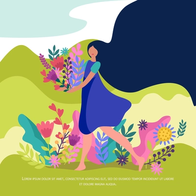 Spring flat design composition with barefooted girl with long black hair carrying flowers bouquet vector illustration