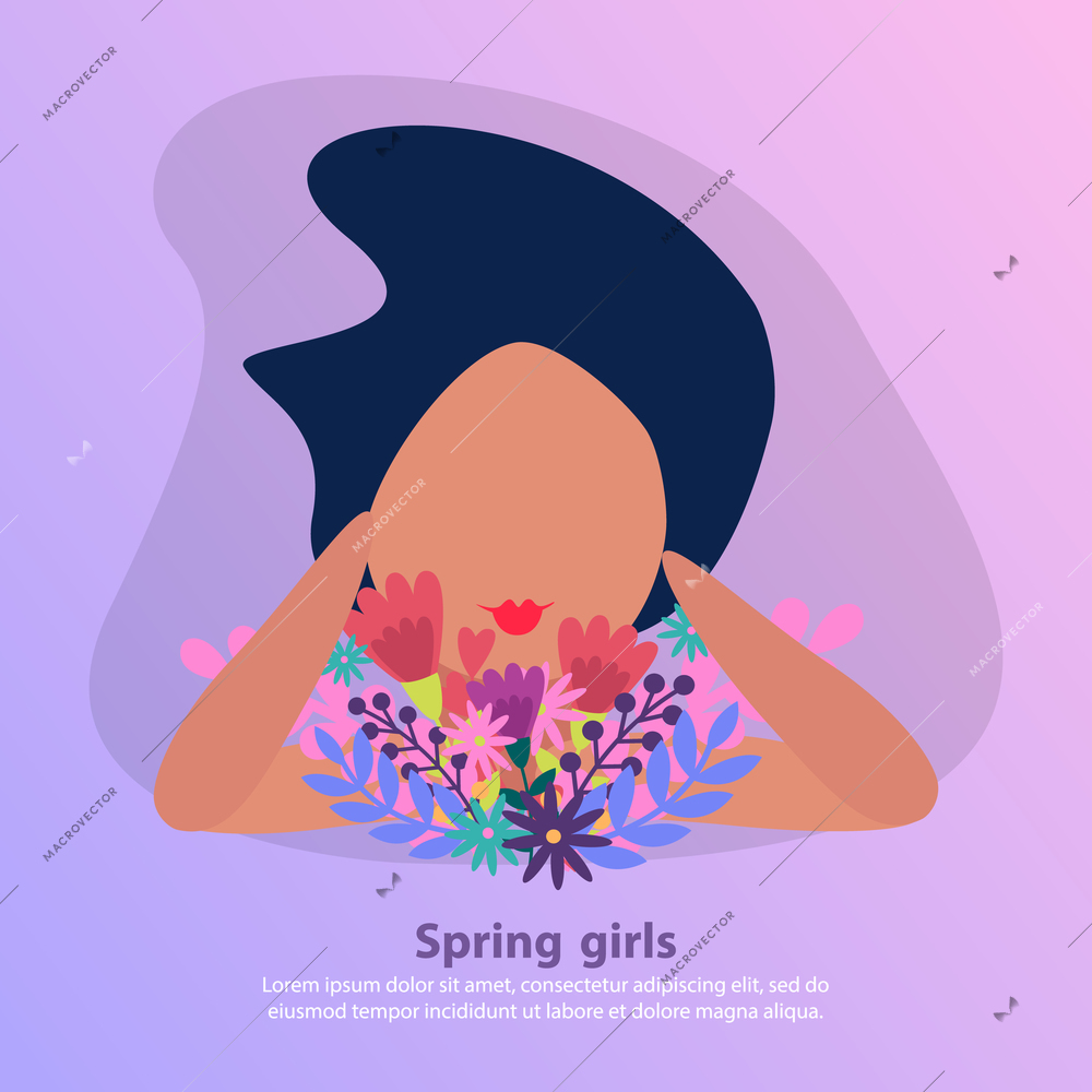 Flat background with bouquet of flowers and girl with black hair and bright lips vector illustration
