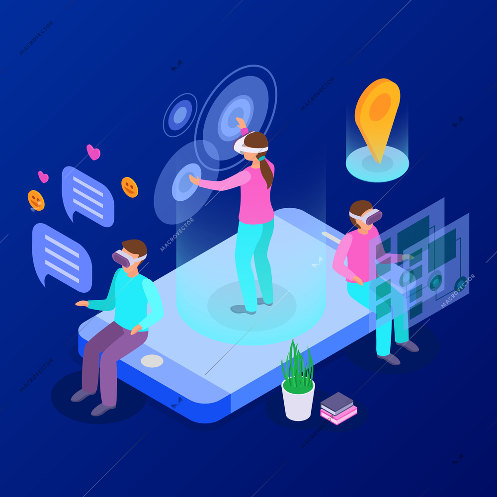 Online communicating and playing with augmented reality devices isometric composition 3d vector illustration