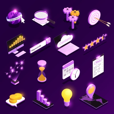 Web traffic isometric icons set with content optimization symbols isolated vector illustration