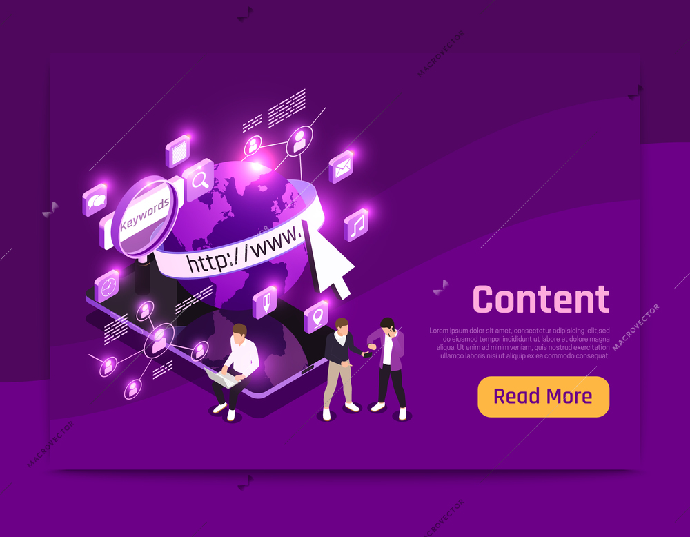 Web content isometric page with world data symbols vector illustration