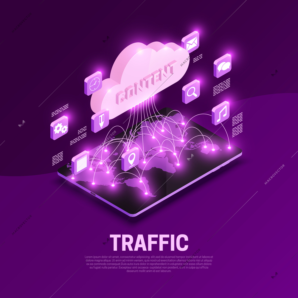 Web traffic isometric composition with world content symbols vector illustration