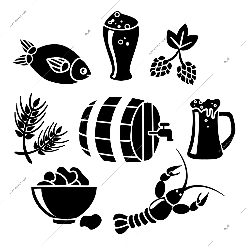 Decorative beer barrel restaurant cafe mug with fish lobster snacks black icons collection abstract vector isolated illustration