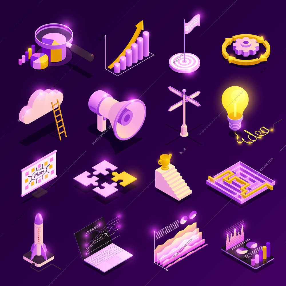 Business strategy isometric icons set with success symbols isolated vector illustration