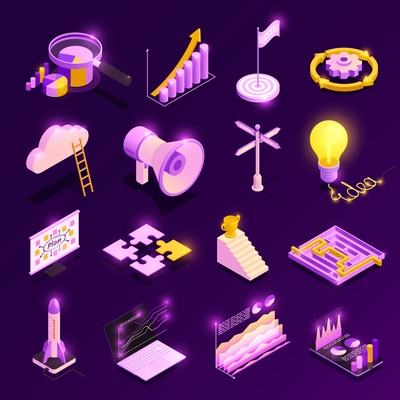 Business strategy isometric icons set with success symbols isolated vector illustration
