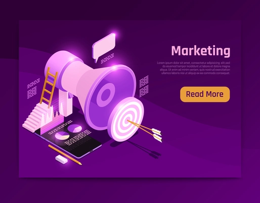 Business strategy isometric page design with marketing symbols vector illustration