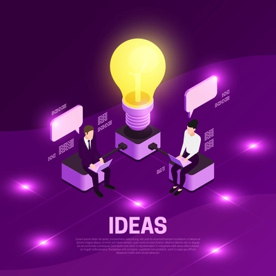 Business strategy isometric concept with ideas symbols violet vector illustration