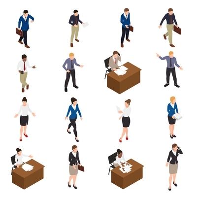 Business people isometric icons set with office symbols isolated vector illustration