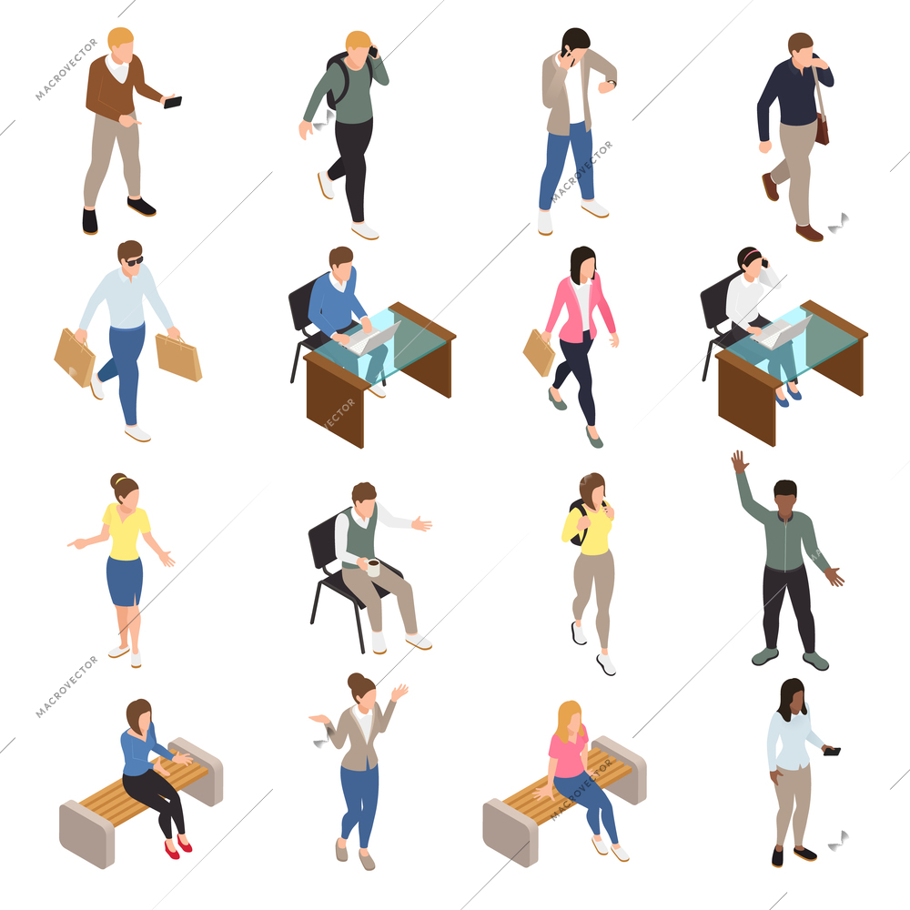 Casual city people isometric icons set with work and free time symbols isolated vector illustration