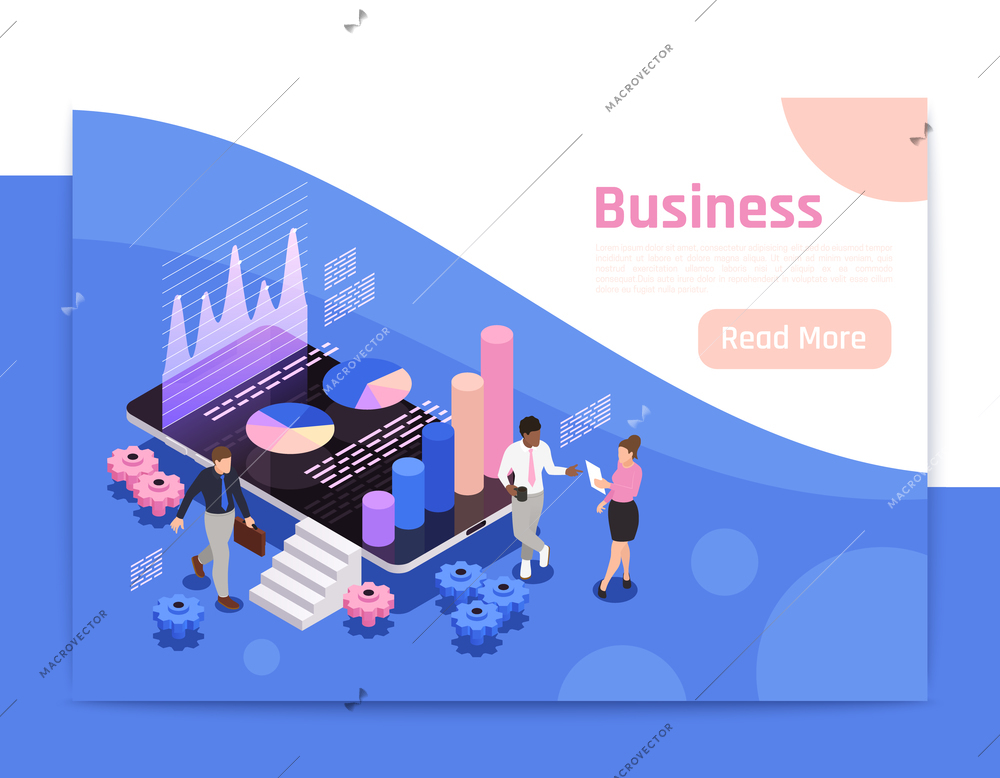 Business teamwork isometric page design with diagrams and charts vector illustration