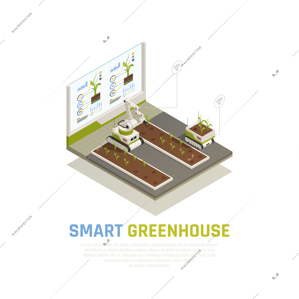 Smart farming concept with agriculture and greenhouse automation isometric vector illustration