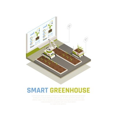 Smart farming concept with agriculture and greenhouse automation isometric vector illustration