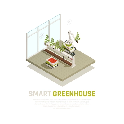 Smart greenhouse concept with agriculture and growing automation isometric vector illustration