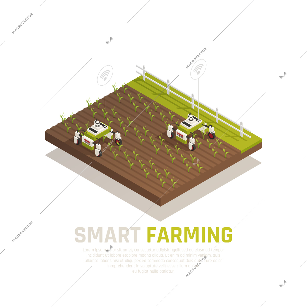 Smart agriculture concept with agriculture machines and harvest  isometric vector illustration